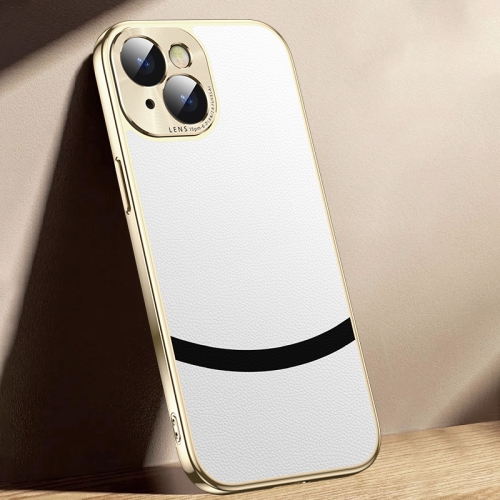 

For iPhone 15 Gilt Leather Electroplated Phone Case(White)