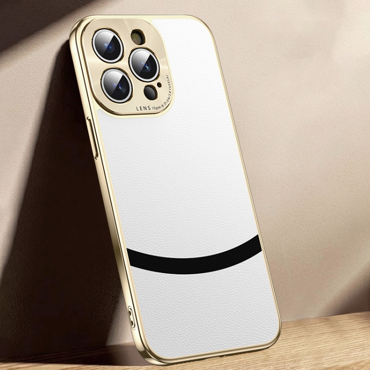 

For iPhone 15 Pro Max Gilt Leather Electroplated Phone Case(White)
