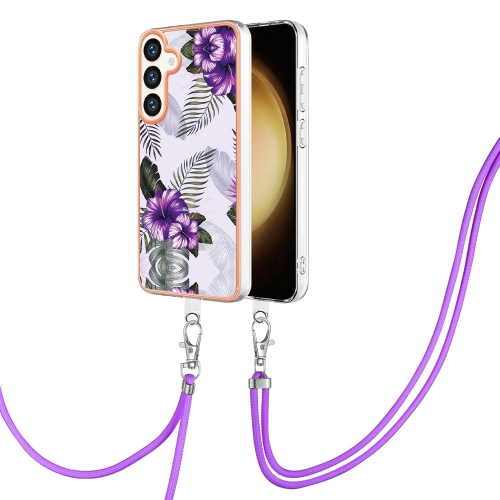 

For Samsung Galaxy S24 5G Electroplating Pattern IMD TPU Shockproof Case with Neck Lanyard(Purple Flower)