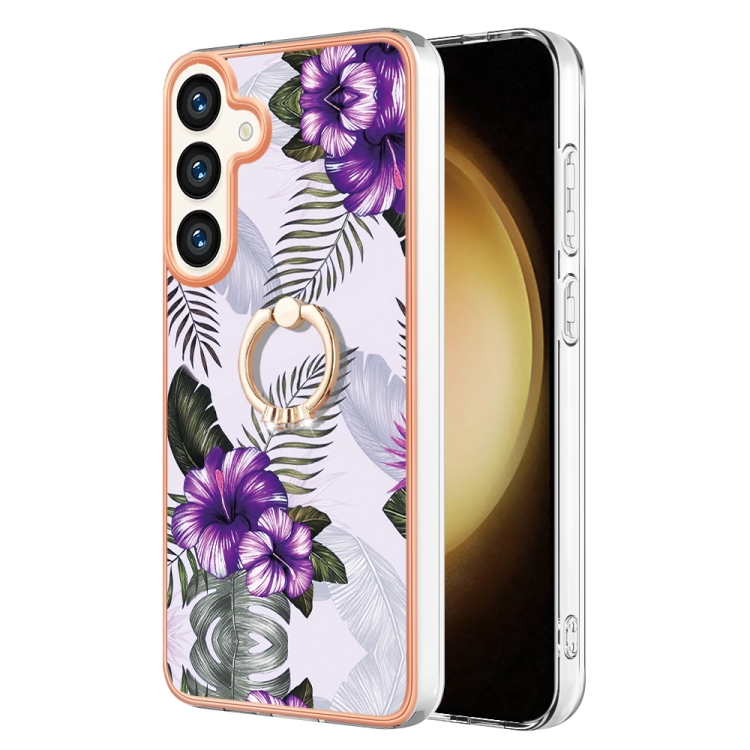 

For Samsung Galaxy S24 5G Electroplating Pattern IMD TPU Shockproof Case with Rhinestone Ring Holder(Purple Flower)