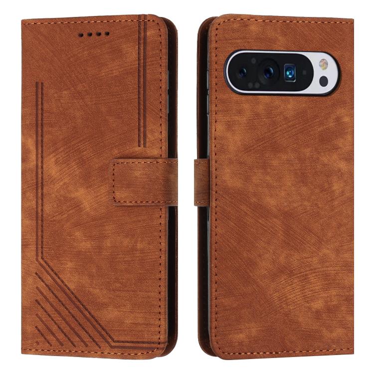 

For Google Pixel 10 Pro XL Skin Feel Stripe Pattern Leather Phone Case with Lanyard(Brown)
