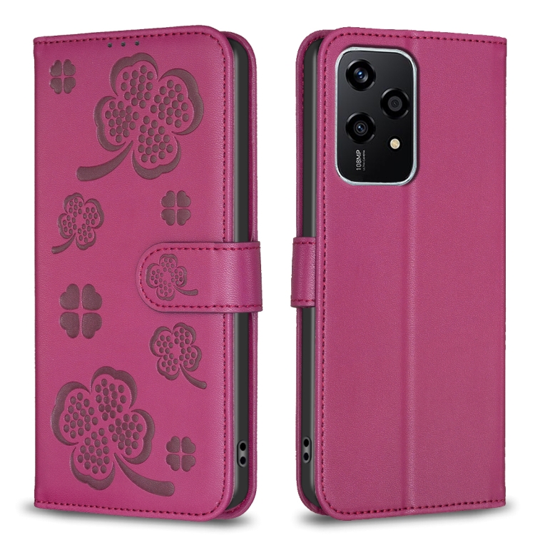 

For Honor 200 Lite Global Four-leaf Embossed Leather Phone Case(Rose Red)