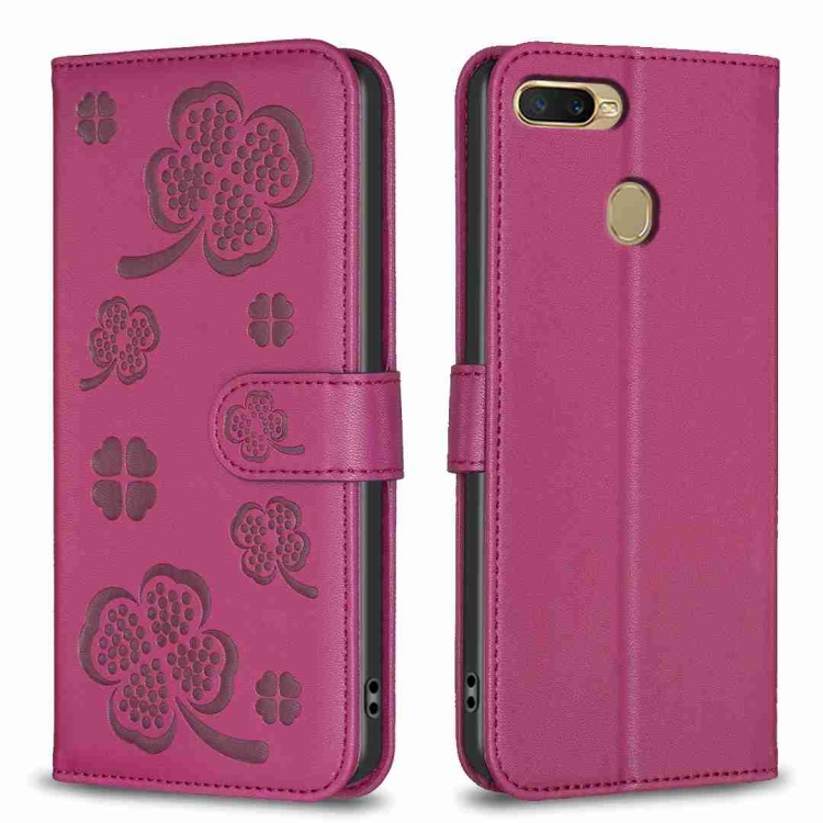 

For OPPO A7 Four-leaf Embossed Leather Phone Case(Rose Red)