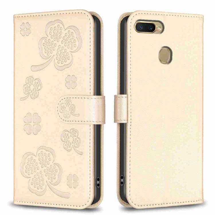 

For OPPO A7 Four-leaf Embossed Leather Phone Case(Gold)