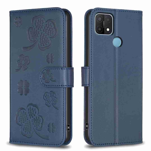 

For OPPO A15 Four-leaf Embossed Leather Phone Case(Blue)