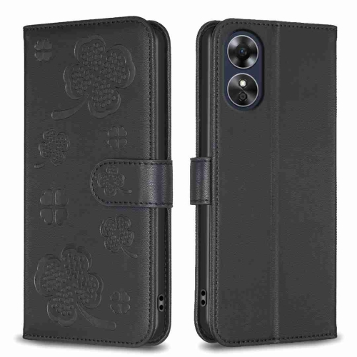 

For OPPO A17 Four-leaf Embossed Leather Phone Case(Black)