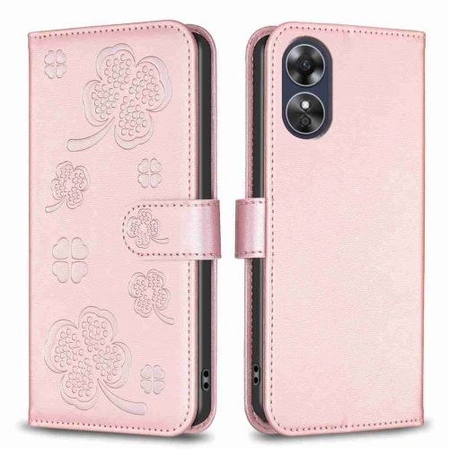 

For OPPO A17 Four-leaf Embossed Leather Phone Case(Pink)