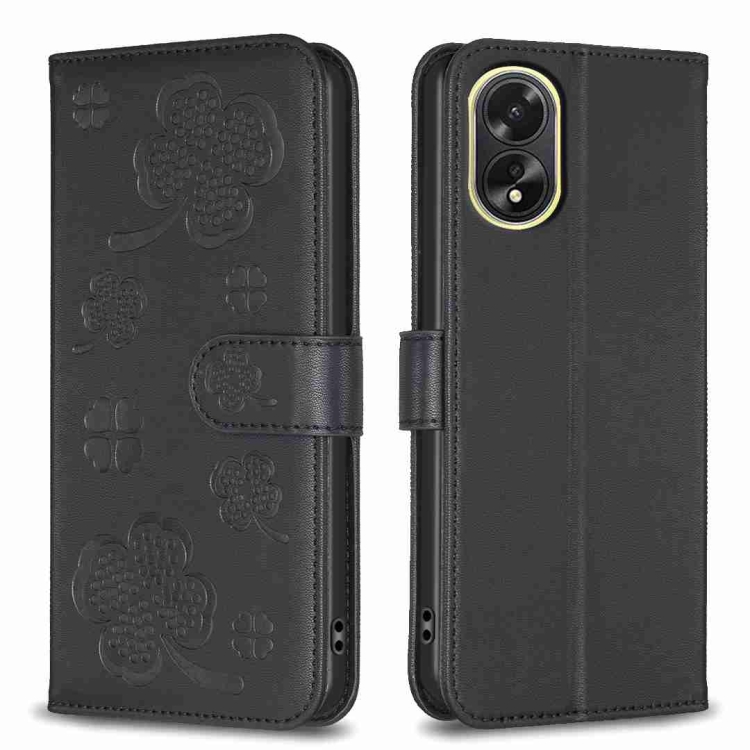 

For OPPO A38 / A18 4G Four-leaf Embossed Leather Phone Case(Black)