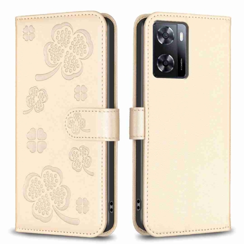 

For OPPO A57 4G Four-leaf Embossed Leather Phone Case(Gold)