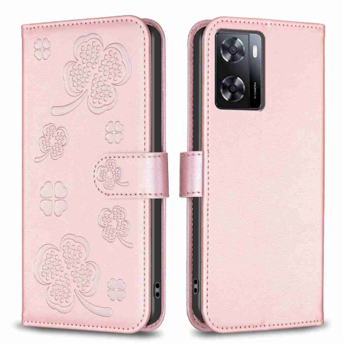 

For OPPO A57 4G Four-leaf Embossed Leather Phone Case(Pink)