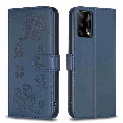 

For OPPO A74 4G / F19 4G Four-leaf Embossed Leather Phone Case(Blue)