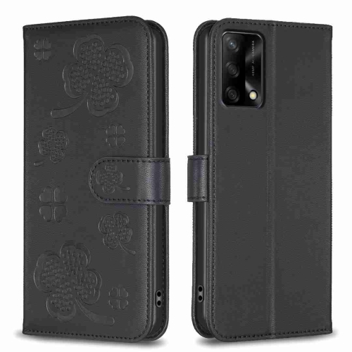 

For OPPO A74 4G / F19 4G Four-leaf Embossed Leather Phone Case(Black)