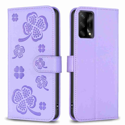 

For OPPO A74 4G / F19 4G Four-leaf Embossed Leather Phone Case(Purple)
