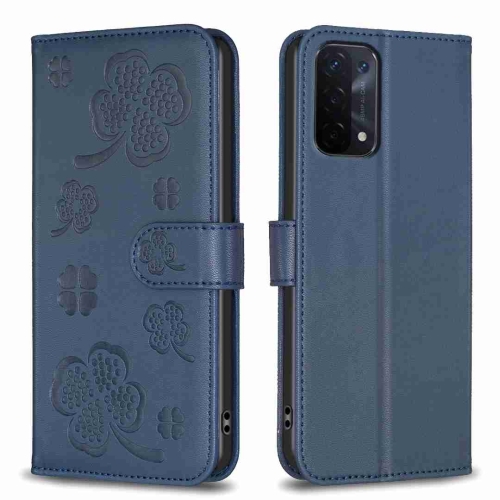 

For OPPO A74 5G / A93 5G / A54 5G Four-leaf Embossed Leather Phone Case(Blue)