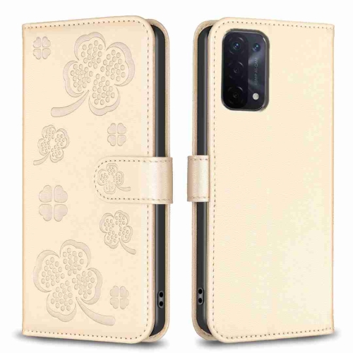 

For OPPO A74 5G / A93 5G / A54 5G Four-leaf Embossed Leather Phone Case(Gold)