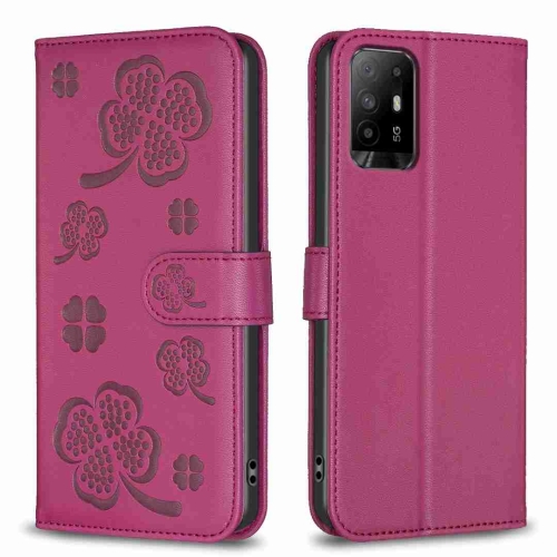

For OPPO A94 5G / Reno5 Z / F19 Pro+ Four-leaf Embossed Leather Phone Case(Rose Red)