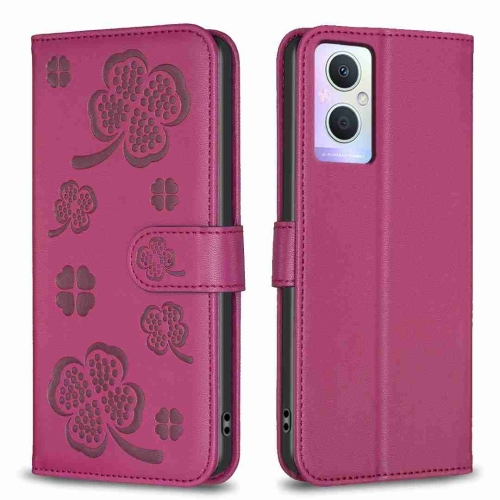 

For OPPO A96 5G / Reno7 Z Four-leaf Embossed Leather Phone Case(Rose Red)