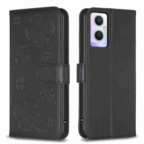

For OPPO A96 5G / Reno7 Z Four-leaf Embossed Leather Phone Case(Black)