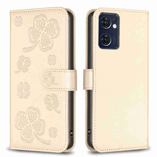 

For OPPO Reno7 5G / Find X5 Lite Four-leaf Embossed Leather Phone Case(Gold)