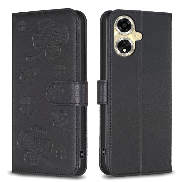 

For OPPO A59 5G Four-leaf Embossed Leather Phone Case(Black)