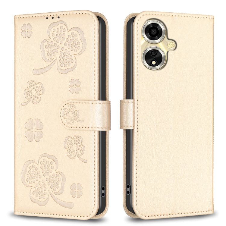 

For OPPO A59 5G Four-leaf Embossed Leather Phone Case(Gold)