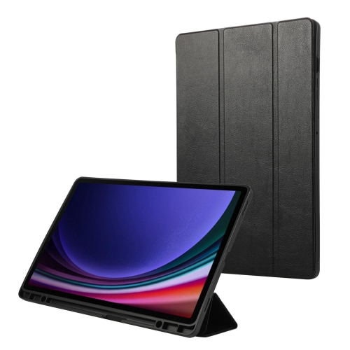

For Samsung Galaxy Tab S9 FE+ 3-Fold Pure Color TPU Leather Tablet Case with Pen Slot(Black)