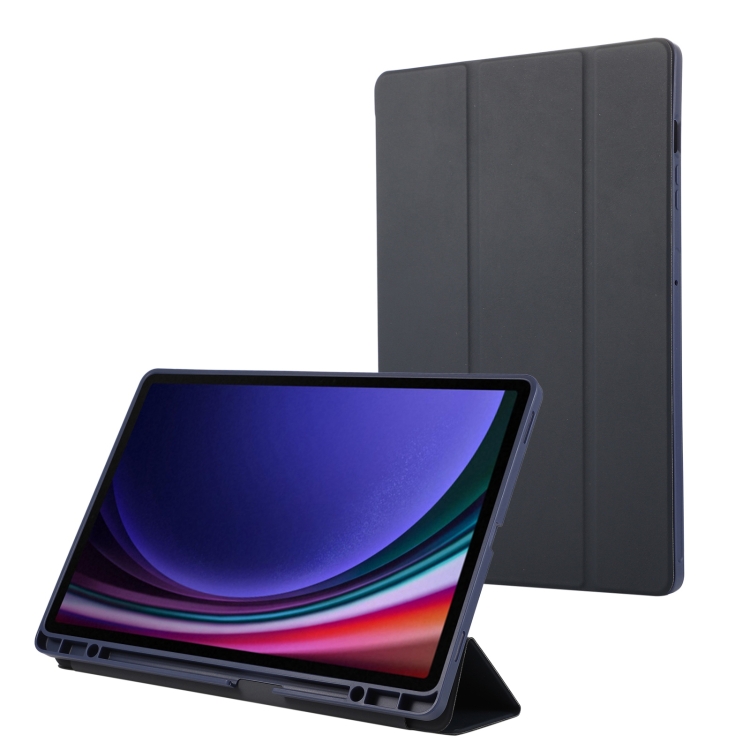 

For Samsung Galaxy Tab S9 FE+ 3-Fold Pure Color TPU Leather Tablet Case with Pen Slot(Dark Blue)