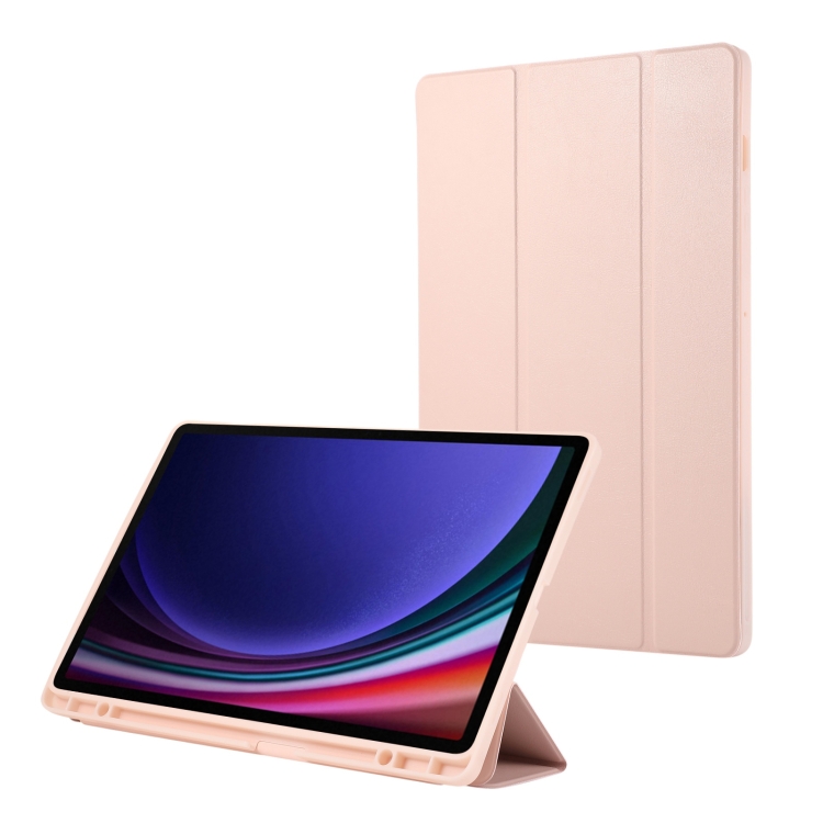 

For Samsung Galaxy Tab S9 FE+ 3-Fold Pure Color TPU Leather Tablet Case with Pen Slot(Pink)