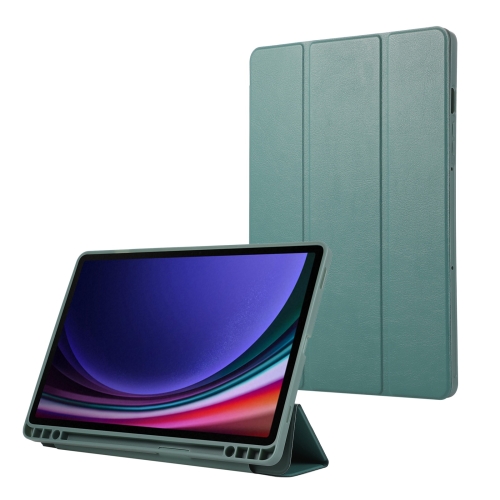 

For Samsung Galaxy Tab S9 FE 3-Fold Pure Color TPU Leather Tablet Case with Pen Slot(Dark Green)