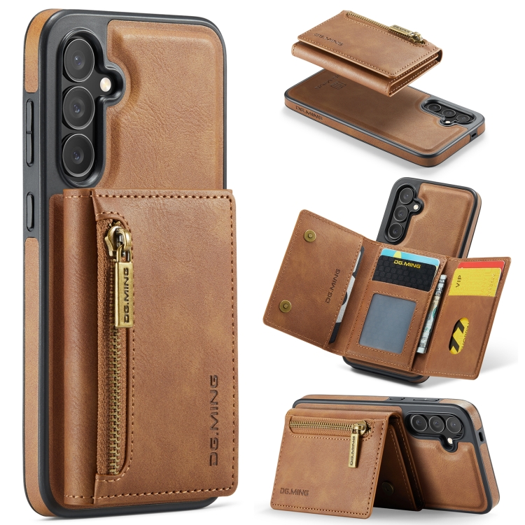 

For Samsung Galaxy S24 FE 5G DG.MING M5 Series Zip RFID Multi Card Detachable Leather Phone Case(Brown)