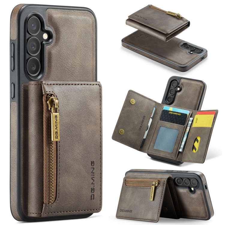 

For Samsung Galaxy S24 FE 5G DG.MING M5 Series Zip RFID Multi Card Detachable Leather Phone Case(Coffee)