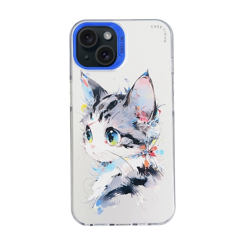

For iPhone 15 Plus Cartoon Animal Graffiti PC + TPU Phone Case(White Face Cat)
