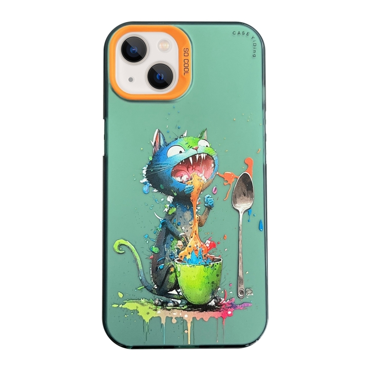 

For iPhone 13 Cartoon Animal Graffiti PC + TPU Phone Case(Blue Cat)