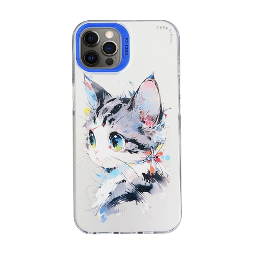 

For iPhone 12 Pro Cartoon Animal Graffiti PC + TPU Phone Case(White Face Cat)