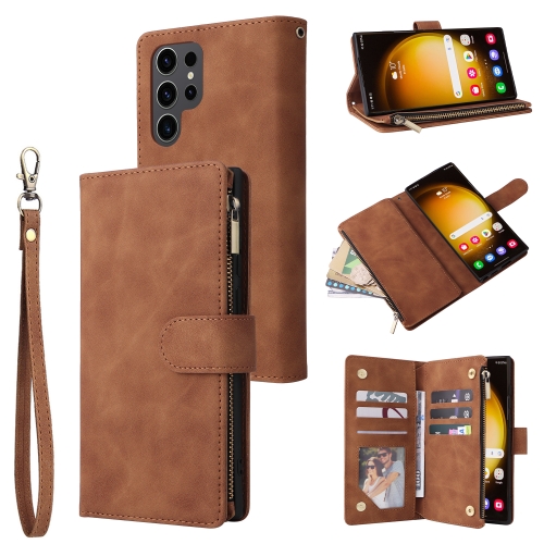 

For Samsung Galaxy S24 Ultra 5G Multifunctional Frosted Zipper Wallet Leather Phone Case(Brown)