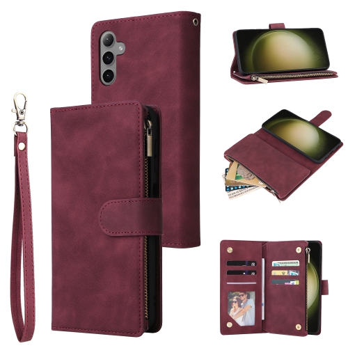 

For Samsung Galaxy S24+ 5G Multifunctional Frosted Zipper Wallet Leather Phone Case(Wine Red)