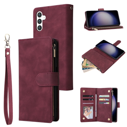 

For Samsung Galaxy S24 5G Multifunctional Frosted Zipper Wallet Leather Phone Case(Wine Red)