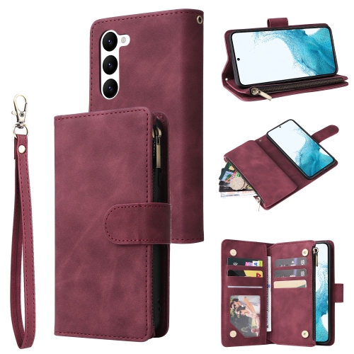 

For Samsung Galaxy S23 5G Multifunctional Frosted Zipper Wallet Leather Phone Case(Wine Red)