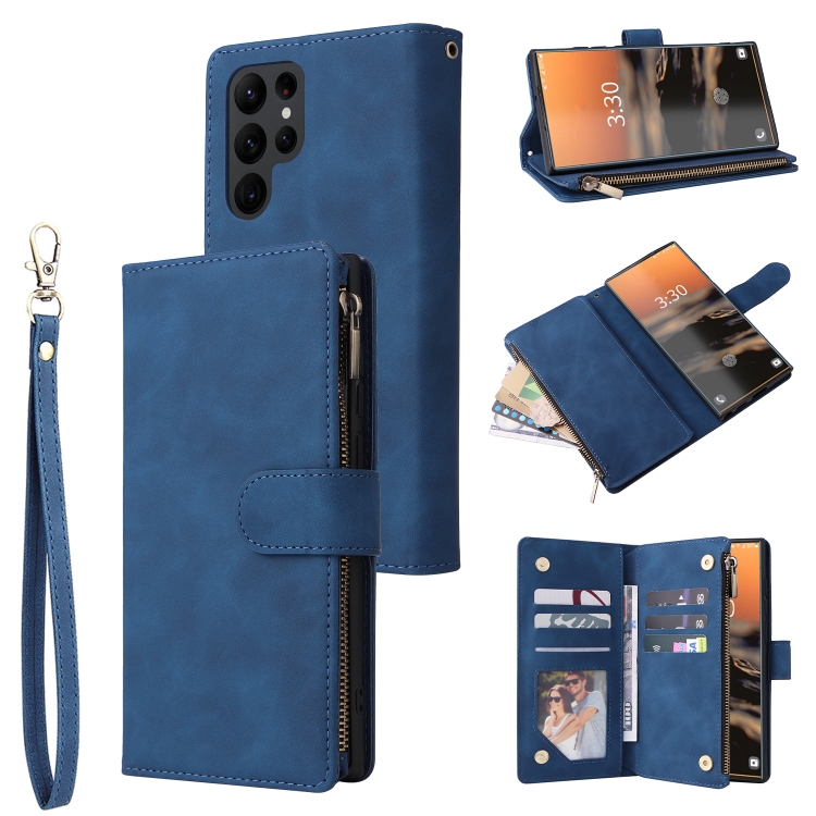 

For Samsung Galaxy S23 Ultra 5G Multifunctional Frosted Zipper Wallet Leather Phone Case(Blue)