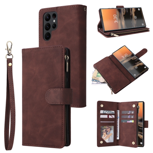 

For Samsung Galaxy S23 Ultra 5G Multifunctional Frosted Zipper Wallet Leather Phone Case(Coffee)