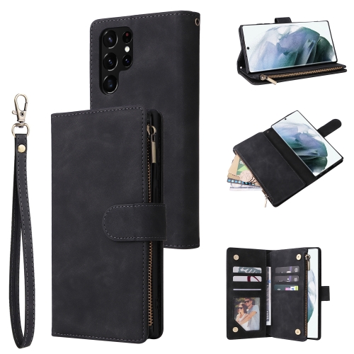 

For Samsung Galaxy S22 Ultra 5G Multifunctional Frosted Zipper Wallet Leather Phone Case(Black)
