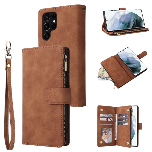 

For Samsung Galaxy S22 Ultra 5G Multifunctional Frosted Zipper Wallet Leather Phone Case(Brown)