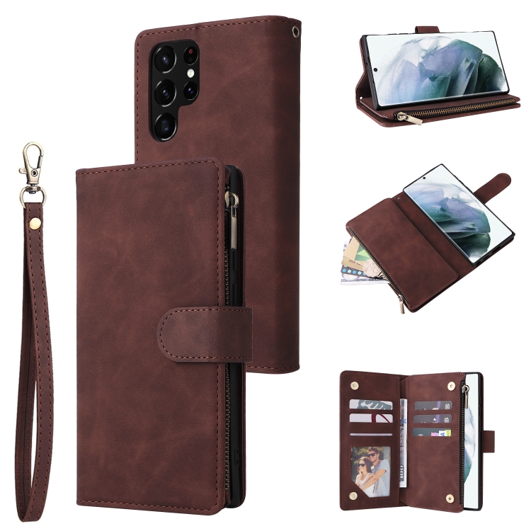 

For Samsung Galaxy S22 Ultra 5G Multifunctional Frosted Zipper Wallet Leather Phone Case(Coffee)