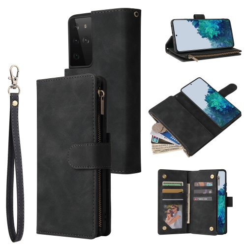 

For Samsung Galaxy S21 Ultra 5G Multifunctional Frosted Zipper Wallet Leather Phone Case(Black)