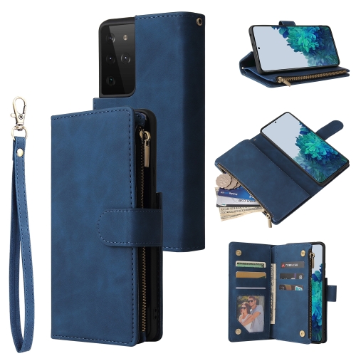 

For Samsung Galaxy S21 Ultra 5G Multifunctional Frosted Zipper Wallet Leather Phone Case(Blue)