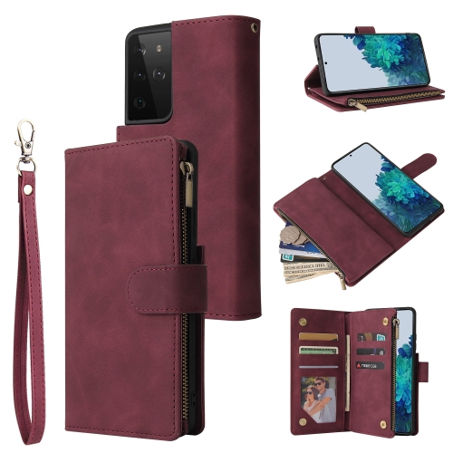 

For Samsung Galaxy S21 Ultra 5G Multifunctional Frosted Zipper Wallet Leather Phone Case(Wine Red)