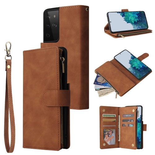 For Samsung Galaxy S21 Ultra 5G Multifunctional Frosted Zipper Wallet Leather Phone Case(Brown)