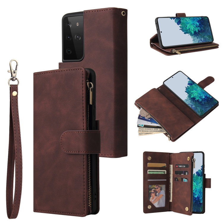 

For Samsung Galaxy S21 Ultra 5G Multifunctional Frosted Zipper Wallet Leather Phone Case(Coffee)