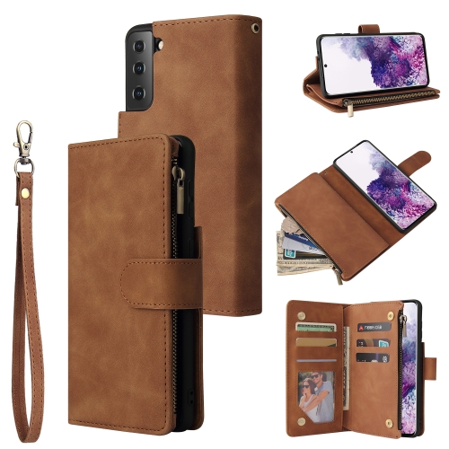 

For Samsung Galaxy S21+ 5G Multifunctional Frosted Zipper Wallet Leather Phone Case(Brown)