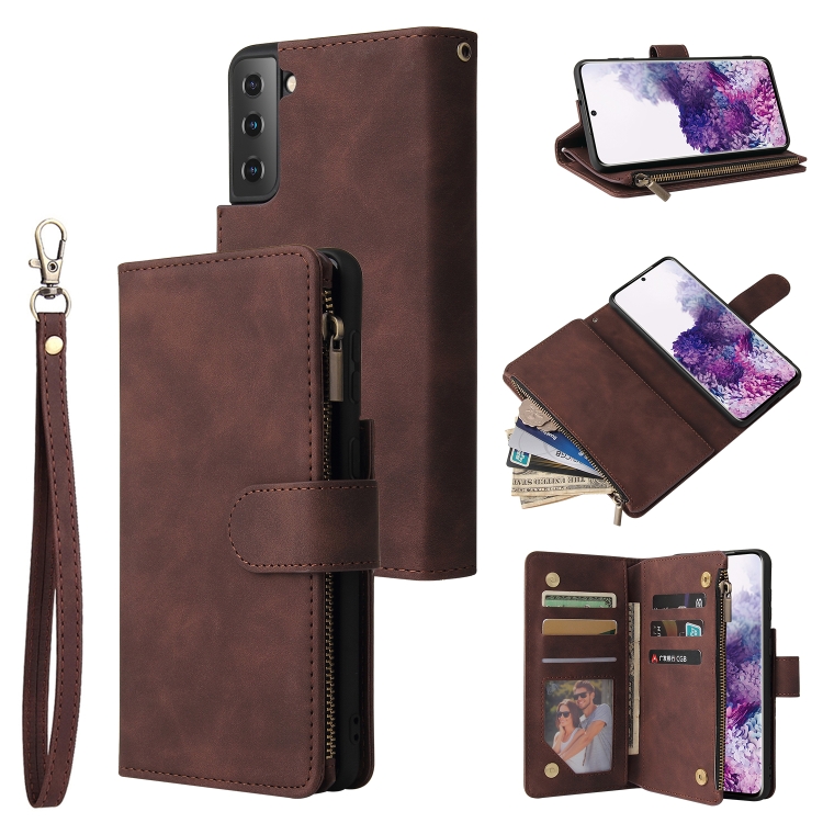 

For Samsung Galaxy S21+ 5G Multifunctional Frosted Zipper Wallet Leather Phone Case(Coffee)